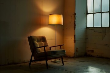 a chair and a lamp in a dimly lit room