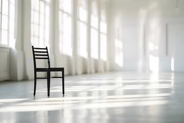 a black chair sitting in a room next to a window