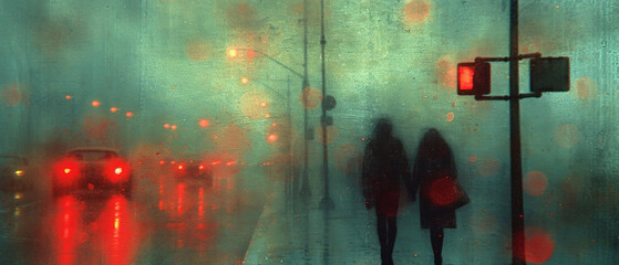 a two people walking in the rain on a rainy day