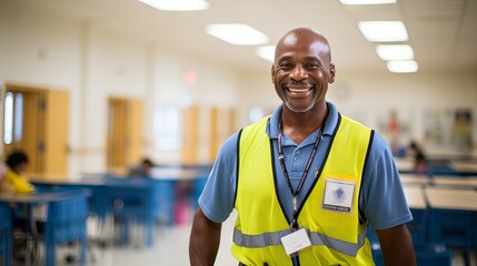 African American school janitor with a smile and a broom standing in a corridor of an educational institution