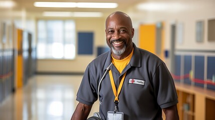 African American school janitor with a smile and a broom standing in a corridor of an educational institution