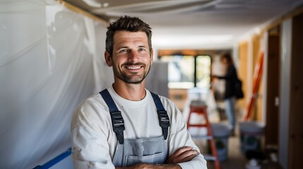 Home improvement and renovation concept with a cheerful young woman in protective clothing and gloves
