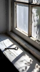 a key sitting on a window sill in front of a window