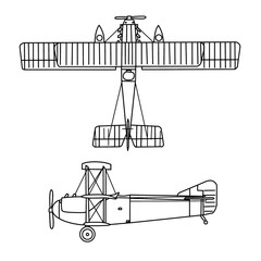 Vector drawing Illustration of 1900's vintage aircraft line art, Biplane silhouette with white detail lines, outline vector doodle illustration, top and side view isolated on white background © didiwidjanarko