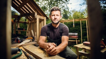 Skilled craftsman working on wooden structure with tools and materials