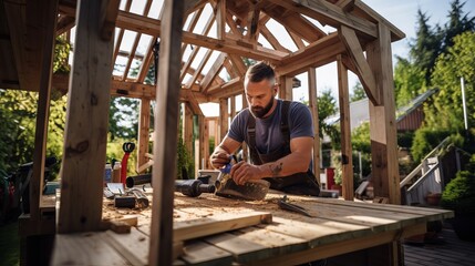 Skilled craftsman working on wooden structure with tools and materials