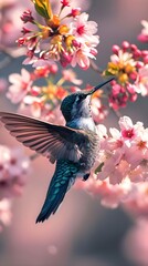 a hummingbird sitting on a branch with pink flowers