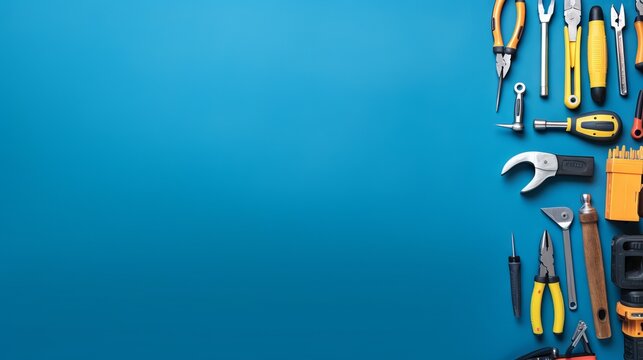 Various handy tools arranged on bright blue background with copy space, concept of DIY, home improvement, and repair