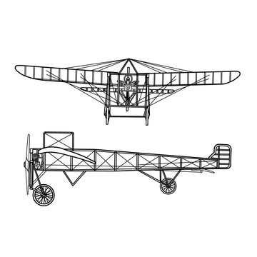 Vector drawing Illustration of 1900's vintage aircraft line art, monoplane silhouette with white detail lines, outline vector doodle illustration, front and side view isolated on white background