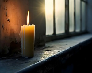 a lit candle sitting on top of a window sill