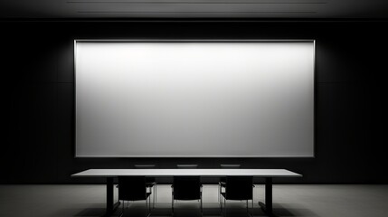Modern and minimalist black meeting room with white screen and chairs