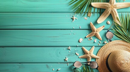 Beach accessories on green blue plank. Vacation banner concept. Mockup. Make a splash this summer with our beach accessory collection.