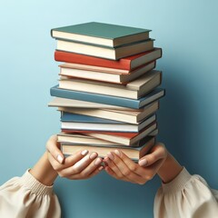 Woman's hands holding a pile of books over a light blue background