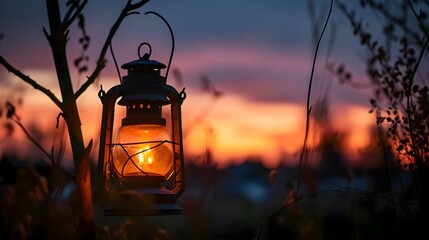 a lantern hanging from a tree with a sunset in the background - Powered by Adobe