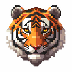Flat vector logo of a tiger head, pixel art, monochrome background, design