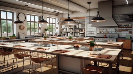 A modern cooking school with versatile seating for culinary demonstrations