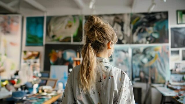 Portrait of a young woman artist working in an art studio.