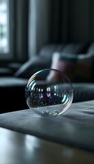 a glass ball sitting on top of a wooden table