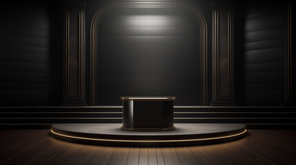 Empty Room Interior with black 3D Podium For Product Presentation, Vector Illustration of a Clean and Dark Business Concept Stage, Featuring a Round Podium under Natural lighting