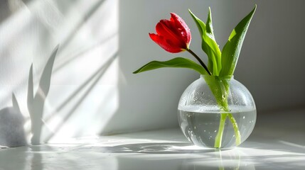 a single red flower in a clear vase