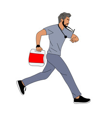 Doctor, paramedic, nurse in medical uniform scrub walking, running in hurry, side view. Handsome man hospital worker. Vector colored outline hand drawn illustration isolated on transparent background.