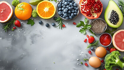 Healthy food selection on gray background. Detox and clean diet concept