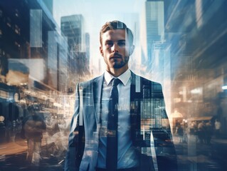 Fototapeta premium A determined businessman stands before a backdrop of reflective glass buildings in a modern city.