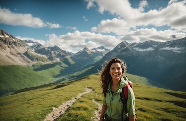 Naklejka premium A joyous female traveler, beaming with happiness, stands against a breathtaking mountain backdrop. Generative AI