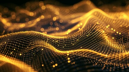 
Abstract background of glowing gold mesh or interwoven lines on a dark background.