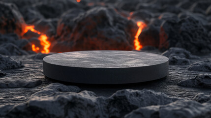 Black matte rock podium on black valcano lava mountain background for product presentation - obrazy, fototapety, plakaty