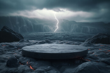 Black matte rock podium on black valcano lava floor and gloomy dark sky behind with lightning strike.