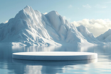 empty white frosty snow podium on pristine landscape of mountains, snow, and icy waters background for product presentation. - obrazy, fototapety, plakaty