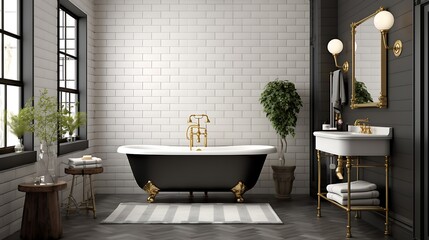 A modernized vintage bathroom with clawfoot tub, subway tiles, and brass fixtures - obrazy, fototapety, plakaty