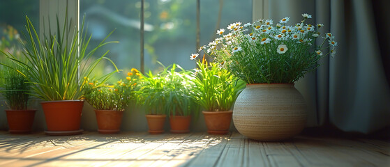 a many potted plants on the windowsill in the sun
