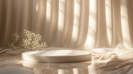 White podium on the white silk background with little flower and water. Podium for product, cosmetic presentation.