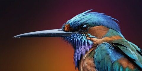 a close up of a colorful bird with a long beak and a long beaked beak, on a black background. - obrazy, fototapety, plakaty