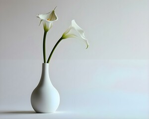 a white vase with two white flowers in it