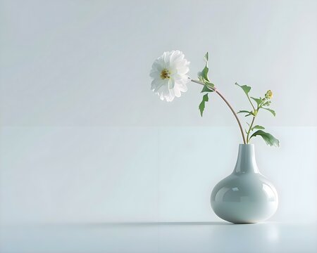 a white vase with a single white flower in it