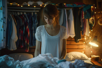 Obraz na płótnie Canvas Contemplative Young Woman Folding Laundry in a Cozy, Dimly Lit Room
