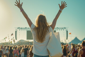 Close up caucasian woman holding fabric tote bag and enjoying weekend feeling on concert background - obrazy, fototapety, plakaty