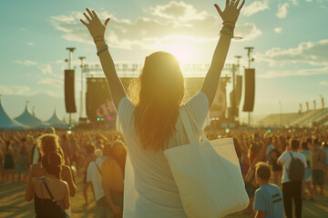 Close up caucasian woman holding fabric tote bag and enjoying weekend feeling on concert background - Powered by Adobe