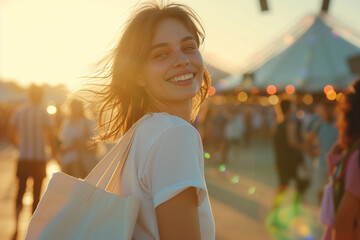 Close up caucasian woman holding fabric tote bag and enjoying weekend feeling on concert background