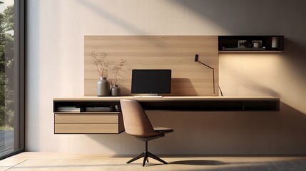 A minimalist workspace with a wall-mounted desk and hidden storage compartments
