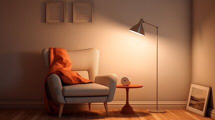 A minimalist reading nook with a cozy armchair, floor lamp, and a small side table