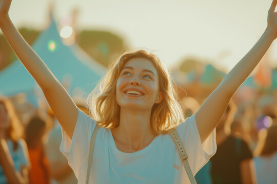 Close up caucasian woman holding fabric tote bag and enjoying weekend feeling on concert background