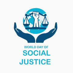 World Social Justice Day, Judge balance with Law book on world, view from above, concept with text World Day of Social Justice, February 20, selected focus, narrow depth of field, social justice