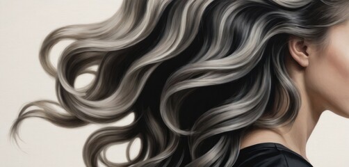 a painting of a woman's hair with grey and white streaks on her long, wavy, gray hair.