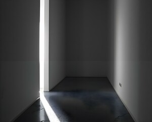 an empty room with a light coming through the window
