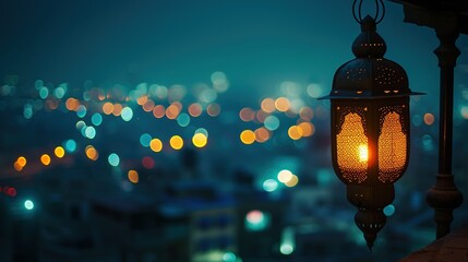 arabic lantern with background city in blue hour or after sunset - obrazy, fototapety, plakaty