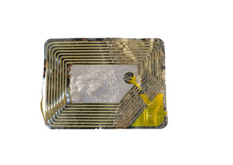 The used security tag or radio frequency security label. Rectangular shape.
